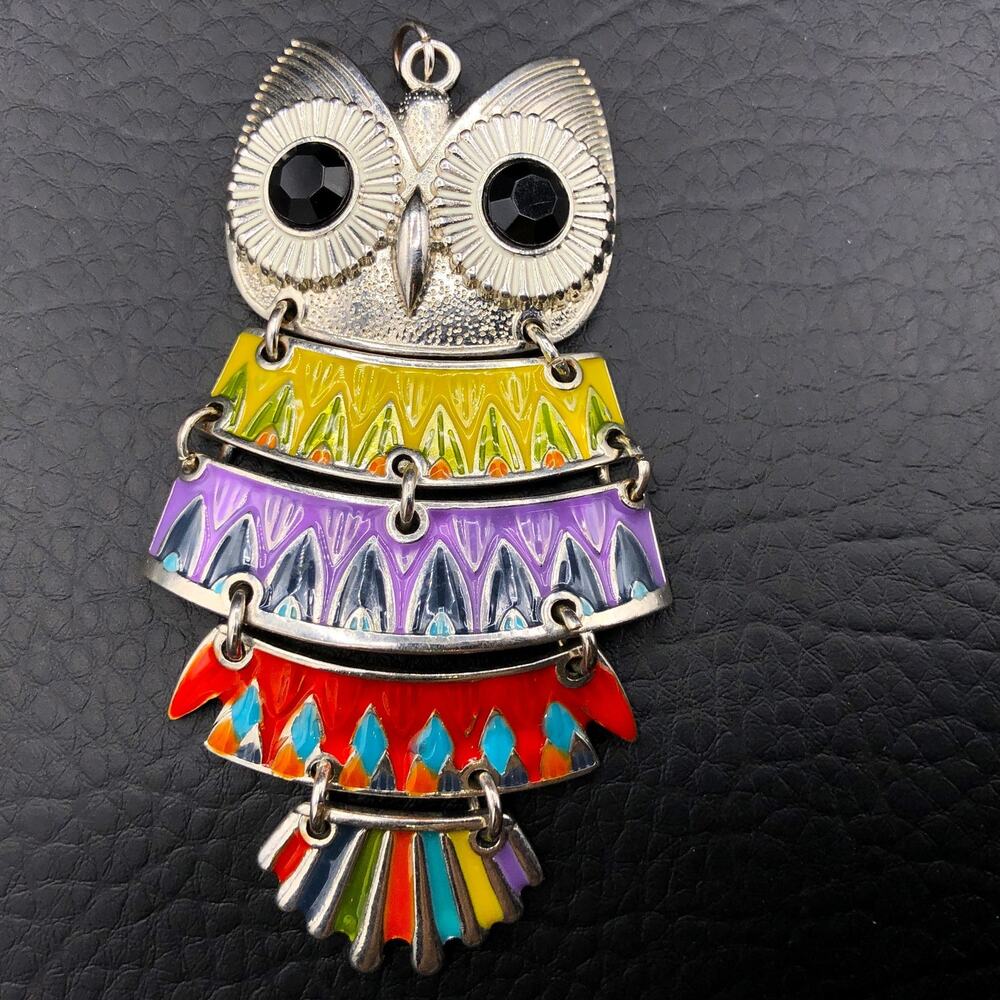 Vintage Owl Pendant Articulated Multicolor Enamel Black Crystal Eye Southwestern